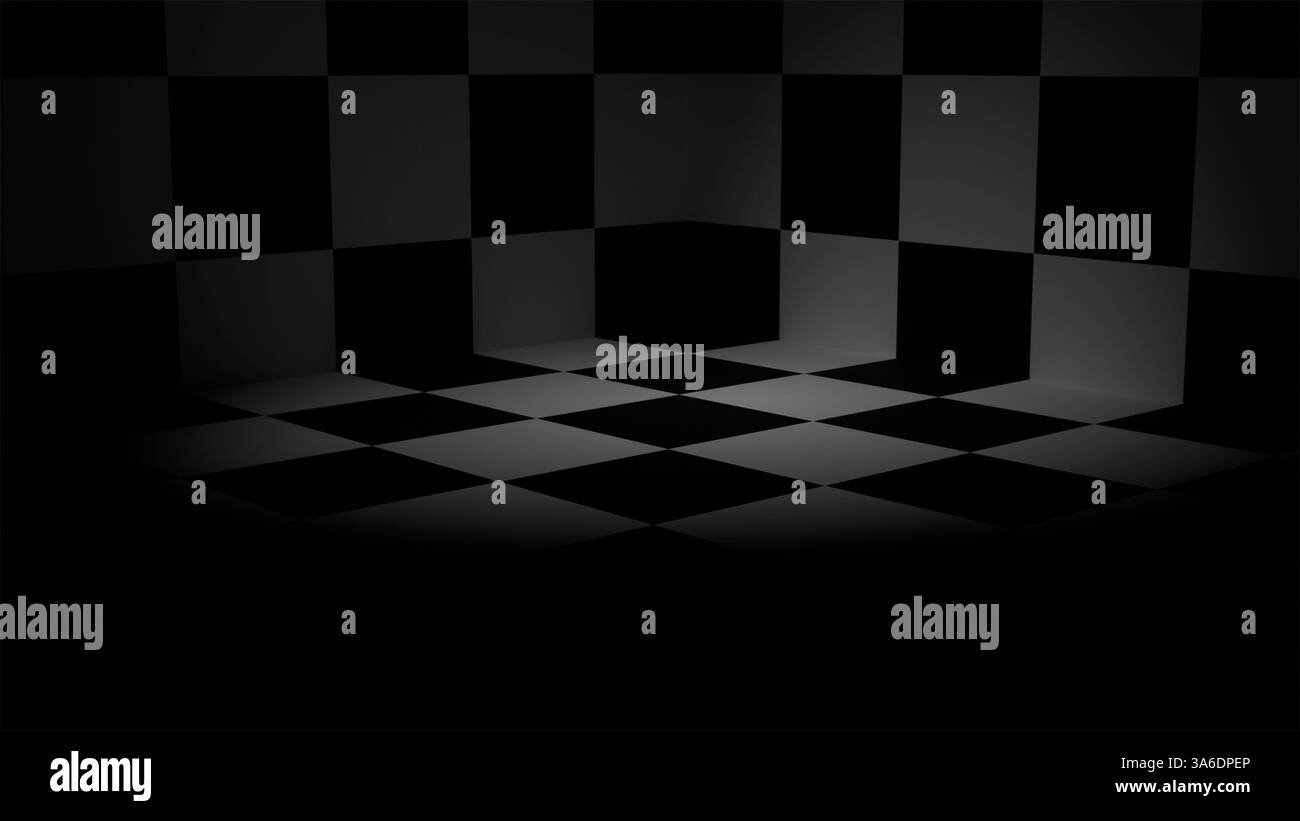 Modello 3D di una scacchiera con un fascio di luce e pareti a forma di scacchiera al buio, gioco, scacchi, scacchiera Foto Stock