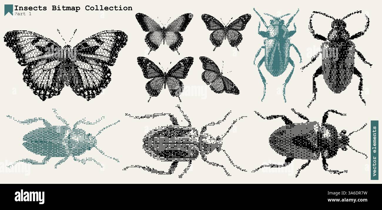 Butterfly texture, collage d'insetti d'epoca Art Grunge Halftone retro Y2K Effect Bitmap Nature Graphic Set". Illustrazione Vettoriale