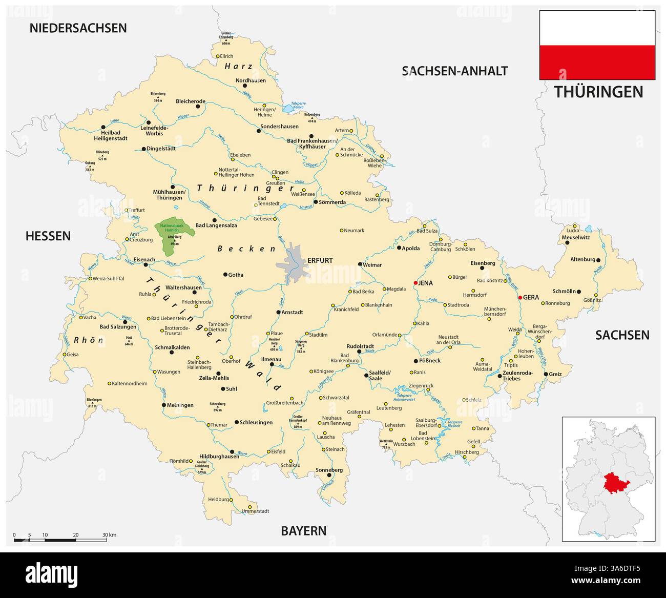 Mappa dello stato Turingia, Germania Foto Stock
