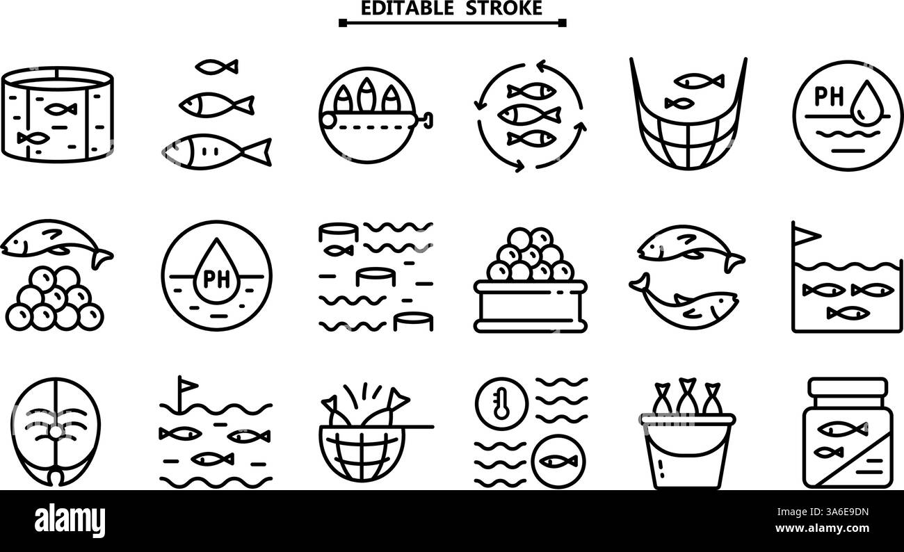Set di icone dell'allevamento ittico. Set di icone di allevamento ittico. Semplice illustrazione vettoriale per il concetto mobile e il web design. Illustrazione Vettoriale