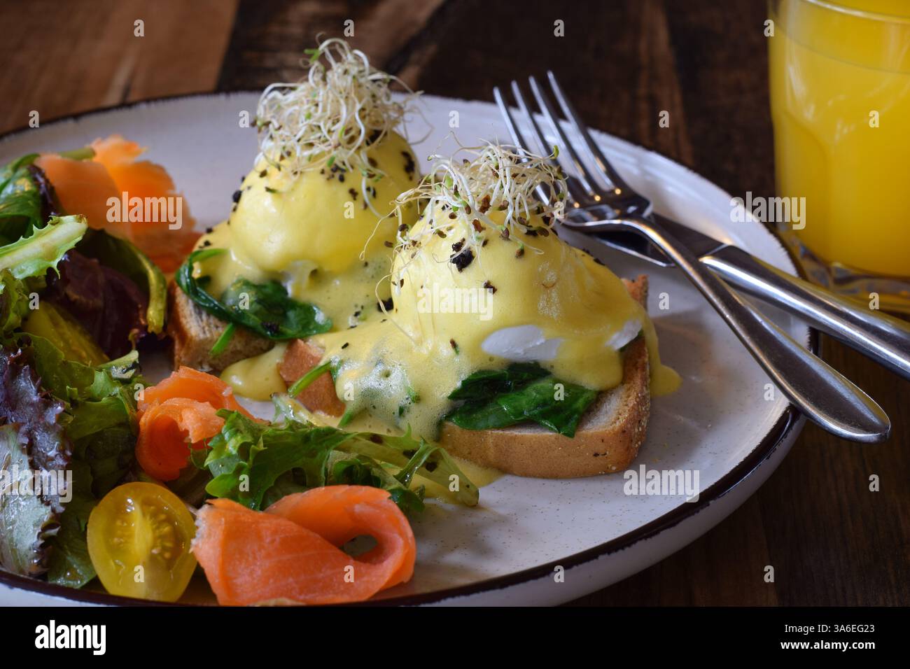 Piatto da colazione con uova alla benedict, salmone affumicato e insalata di verdure fresche Foto Stock