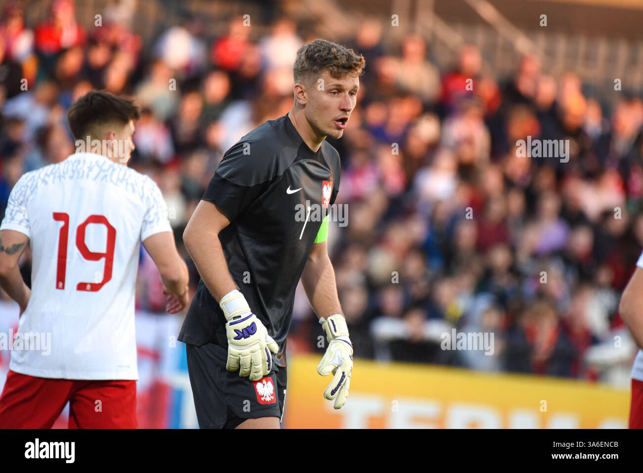 NIECIECZA, POLONIA - 21 MARZO 2025: Amichevole di calcio Under 20 Elite League Polonia vs Romania 1:0. Nella foto Maciej Kikolski (1). Foto Stock