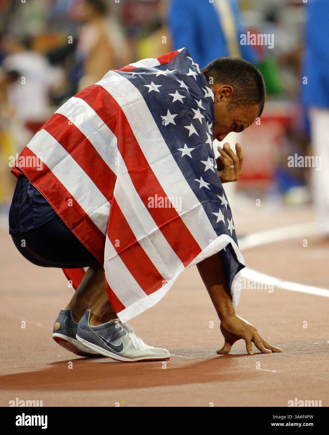 23 agosto 2008 - Bryan Clay degli Stati Uniti celebra la vittoria dell'oro nel decathlon venerdì 22 agosto 2008 ai Giochi della XXIX Olimpiade di Pechino, Cina. (Erich Schlegel/Dallas Morning News/MCT (immagine di credito: © Erich Schlegel/MCT/ZUMAPRESS.com) Foto Stock