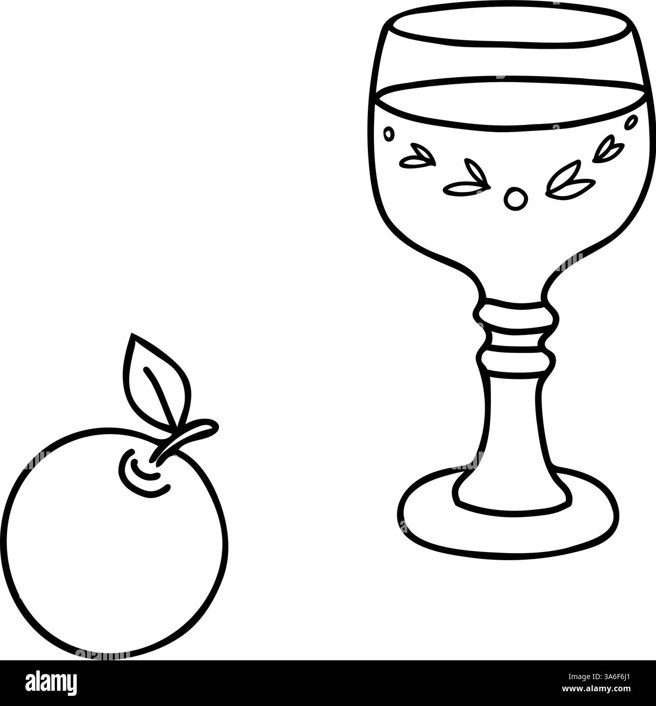 Sidro di mele. Elegante bicchiere di vino romano con motivi decorativi a foglia. Semplice e minimalista illustrazione vettoriale in stile doodle. Per il menu bar o. Illustrazione Vettoriale