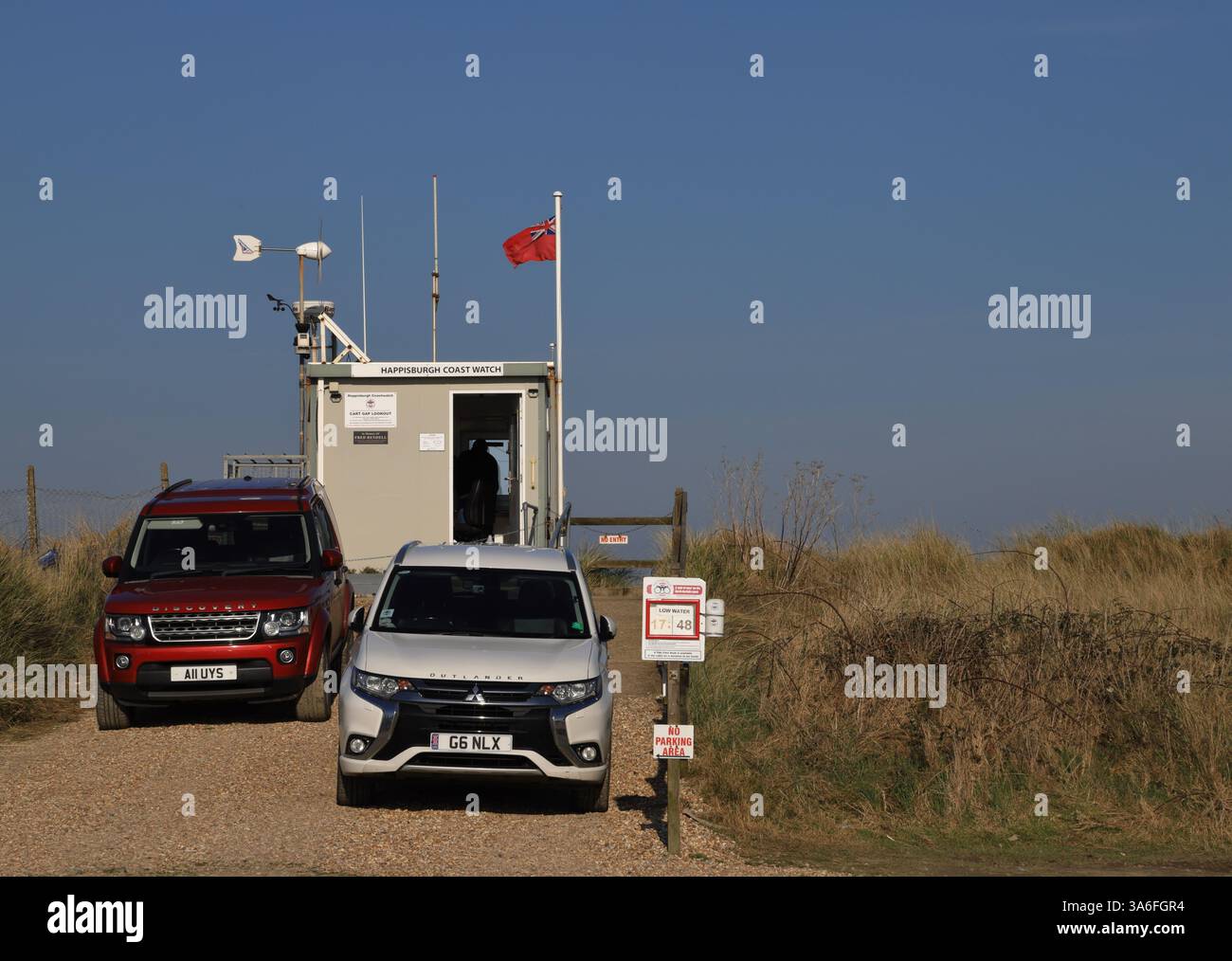 Una vista della stazione costiera di Happisburgh sulla costa del Norfolk a Cart Gap, Happisburgh, Norfolk, Inghilterra, Regno Unito. Foto Stock
