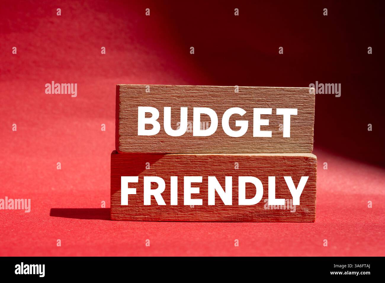 Messaggio economico scritto su blocchi di legno su sfondo rosso. Simbolo di budget concettuale. Copia spazio. Foto Stock