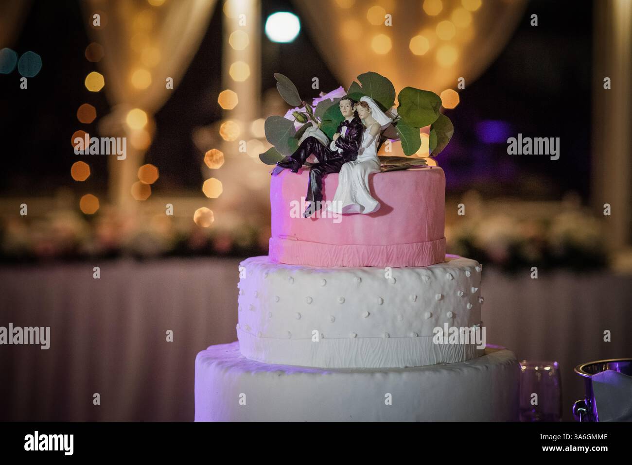 Torta nuziale durante un ricevimento nuziale Foto Stock