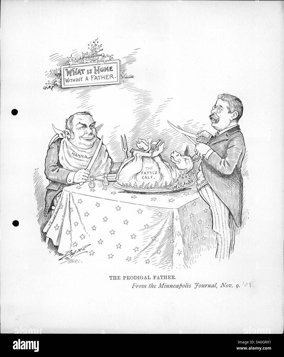 Un'immagine del presidente Roosevelt che affilava un coltello per tagliare il vitello Fatted per Mark Hanna, uno stretto consigliere del presidente McKinley, che era andato a parlare con Roosevelt dopo l'assassinio di McKinley. Foto Stock