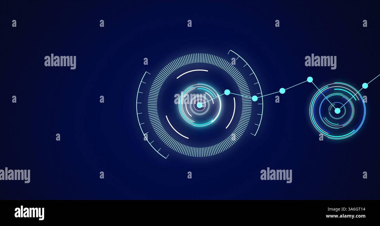 Immagine della scansione degli oscilloscopi e della rete delle connessioni su sfondo blu. tecnologia globale, interfaccia digitale e concetto di elaborazione dati generazione digitale Foto Stock
