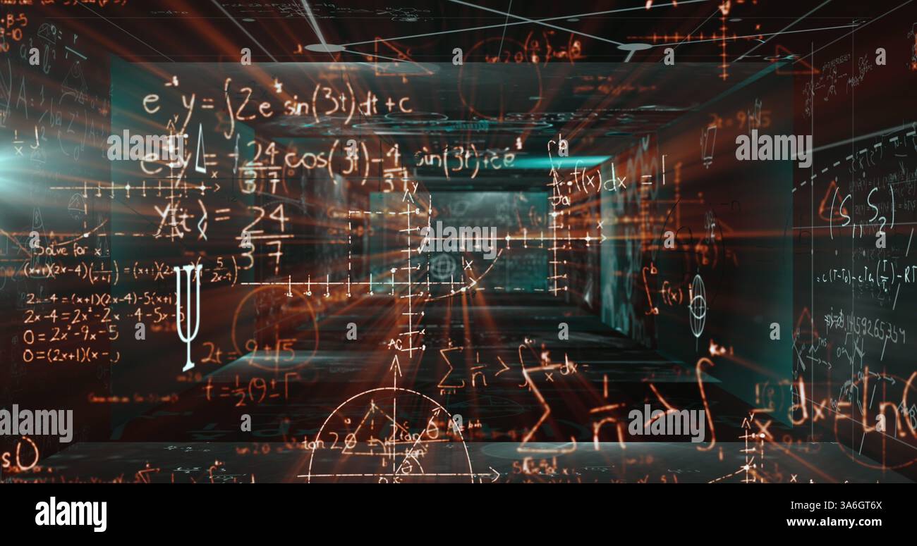 Equazioni matematiche fluttuanti su schermi con simboli matematici su sfondo verde. concetto di tecnologia di ricerca matematica Foto Stock