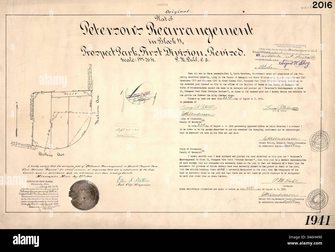 Questa mappa delinea il riassetto di Peterson nel Block 11, Prospect Park, First Division rivisto, evidenziando il layout e le modifiche apportate all'area nel 1929. Foto Stock