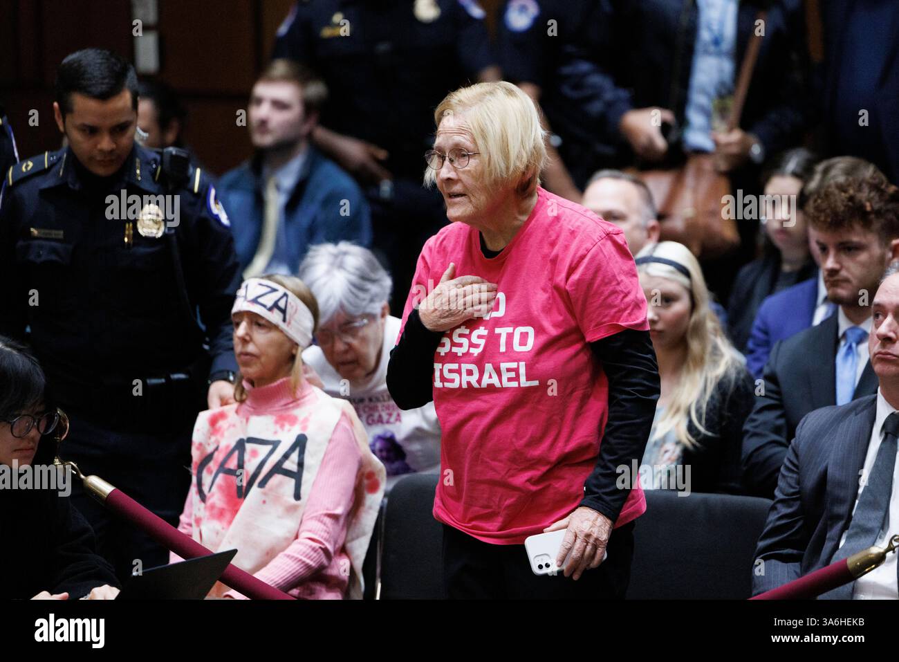 I manifestanti di Codepink interrompono un'audizione del Comitato di Intelligence del Senato presso l'Hart Senate Office Building a Washington DC martedì 25 marzo 2025. Tulsi Gabbard e il direttore della CIA John Ratcliffe furono tra i membri di una chat di gruppo Signal che discusse dei piani di guerra che inavvertitamente includevano il caporedattore della rivista Atlantic. (Foto di Aaron Schwartz/Sipa USA) credito: SIPA USA/Alamy Live News Foto Stock