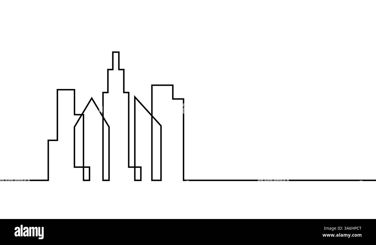 Città di linea. Singola città di lineart nera isolata su sfondo bianco. Creazione di un disegno continuo su una linea. Icona grafica disegnata a mano sulla linea. Disegna lo skyline Illustrazione Vettoriale