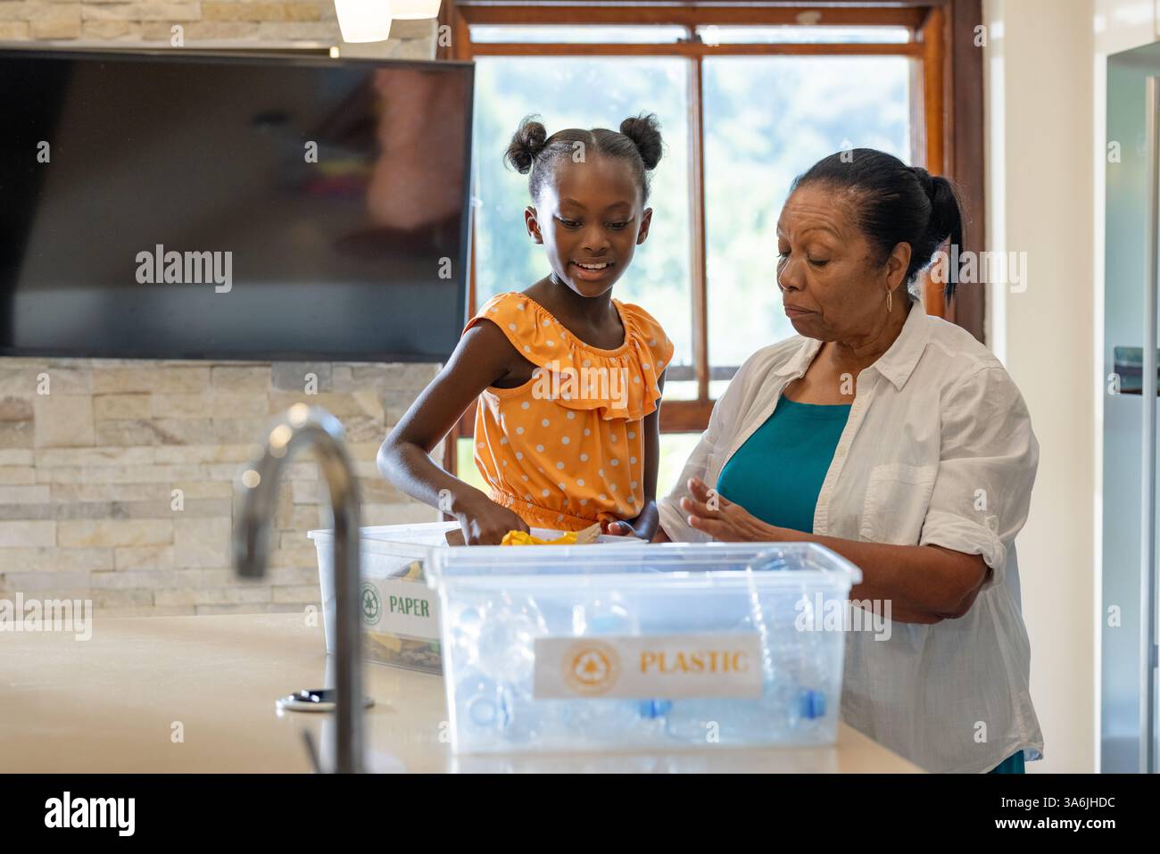 Smistamento di materiali riciclabili in cucina, nonna che insegna alla nipote responsabilità ambientale Foto Stock