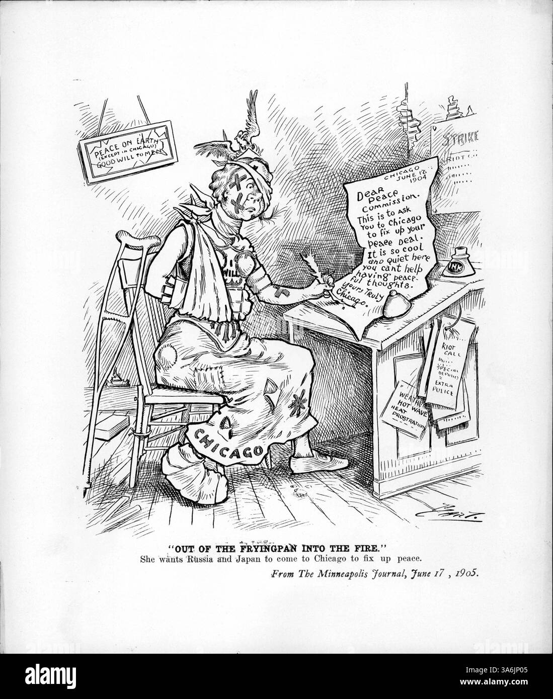 Una lettera di Chicago suggerisce umoristicamente che Russia e Giappone dovrebbero venire in città per negoziare la pace, in quanto era "fresco e tranquillo" in mezzo ai disordini locali. All'epoca, Chicago stava affrontando un processo al Grand jury, uno sciopero del team e un'ondata di caldo, rendendolo un ambiente opportunamente ironico per un tale suggerimento. Foto Stock