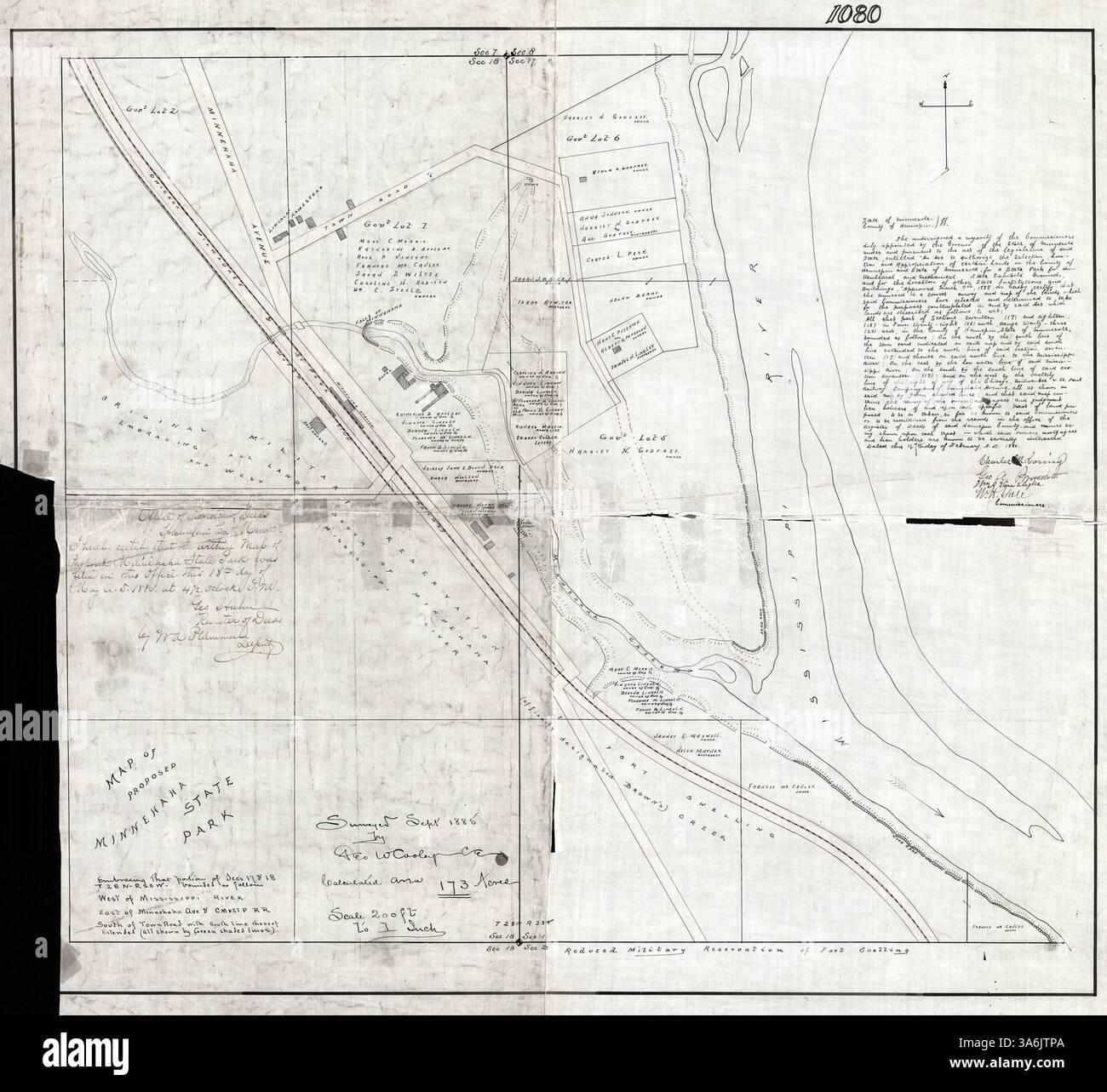 Questa mappa delinea i confini e le caratteristiche proposti per il Minnehaha State Park a Minneapolis, descrivendo in dettaglio lo sviluppo pianificato per la terra e i servizi del parco. Foto Stock