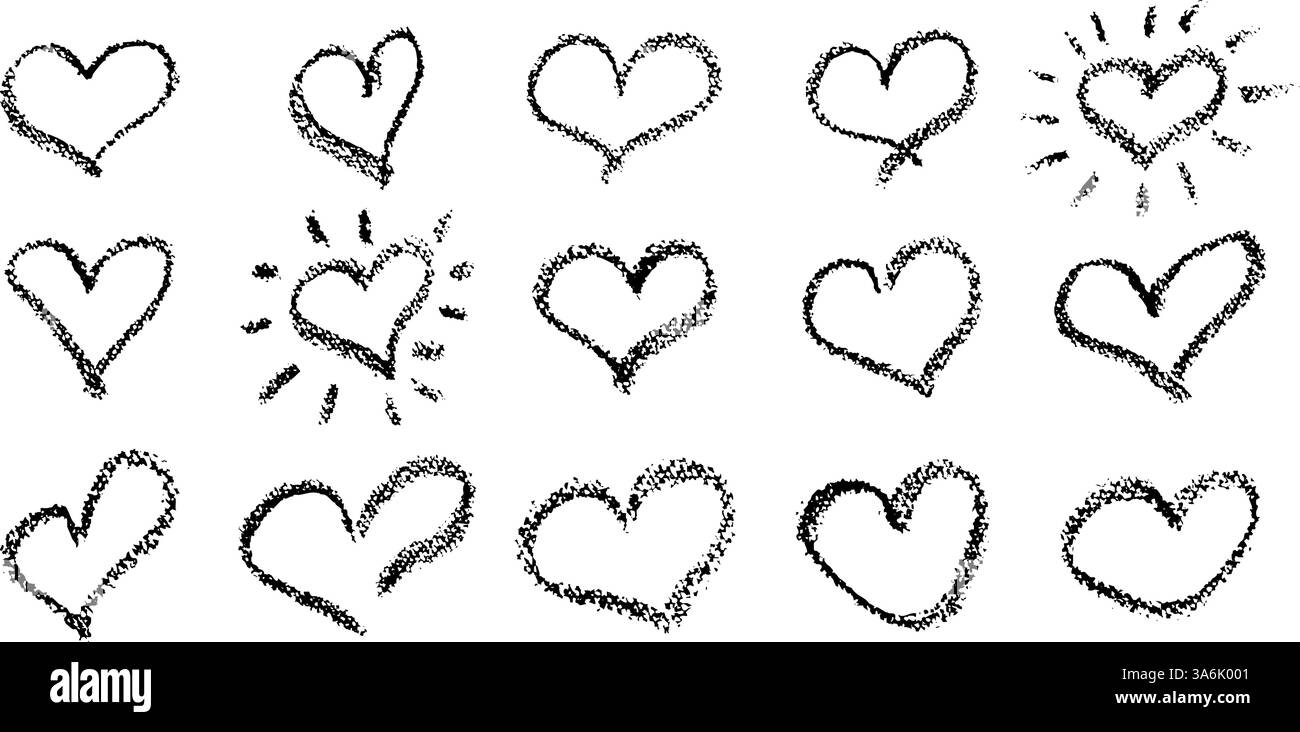 Set di segni di cuori neri disegnati da una matita di cera. Ama i simboli in stile doodle. Collezione di elementi disegnati a mano dai cuori dei bambini per la carta di san valentino o la roccia Illustrazione Vettoriale