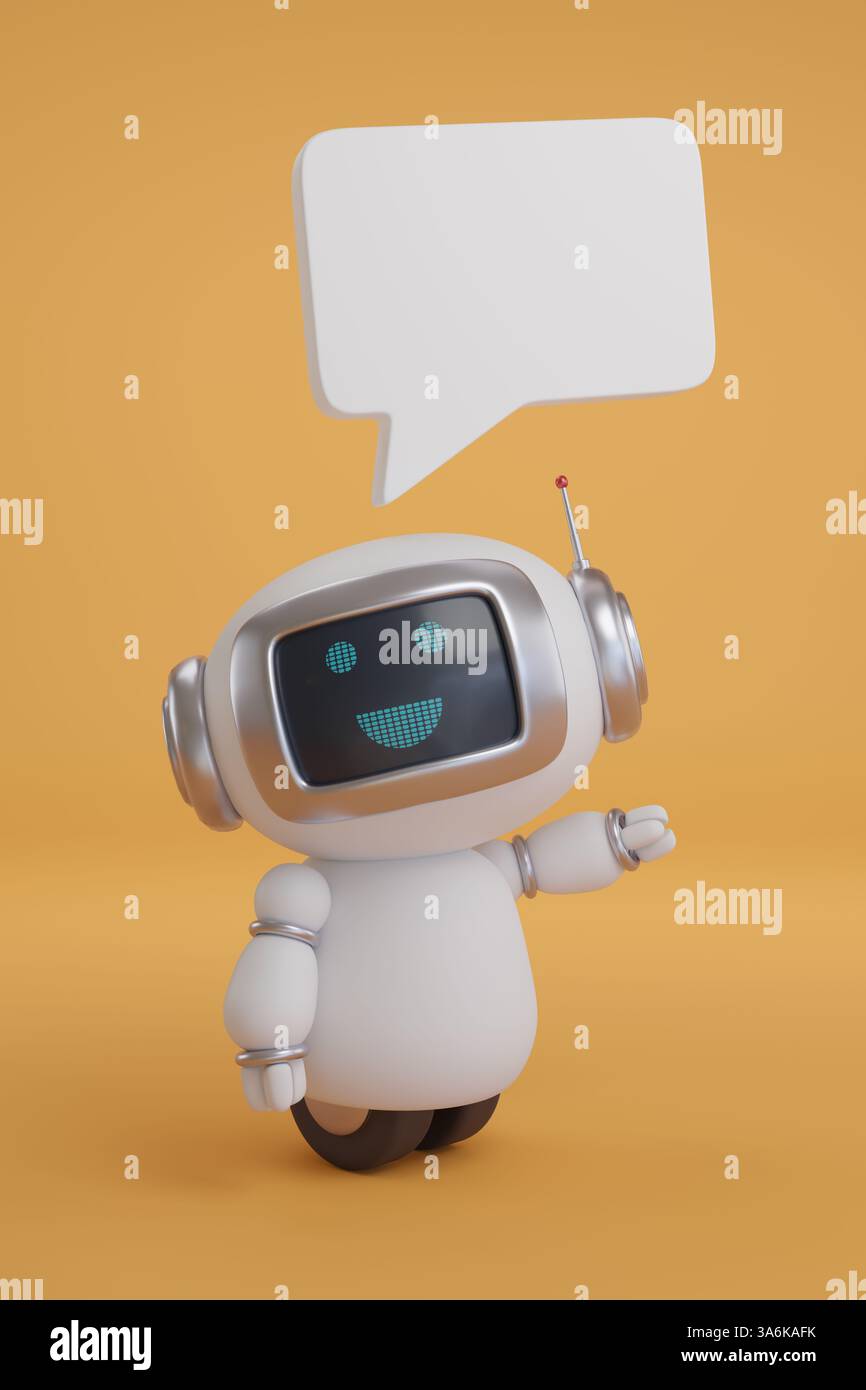 Simpatico robot con bolla vocale su sfondo arancione. illustrazione 3d. Foto Stock