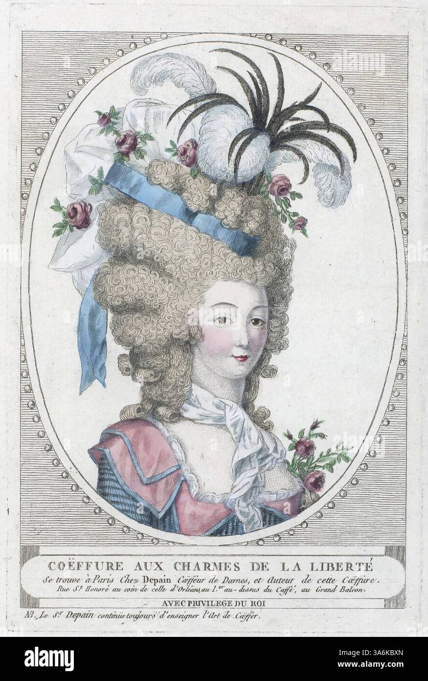 Le acconciature Depains 1790 Freedom charmes coeffure busto in ovale con coiffure del parrucchiere francese Depain, capelli crespi su cui cappello con nastro, moda femminile del XVIII secolo del periodo della rivoluzione francese, pubblicato da Depain art ArtWork capelli da donna con stampa vintage Foto Stock