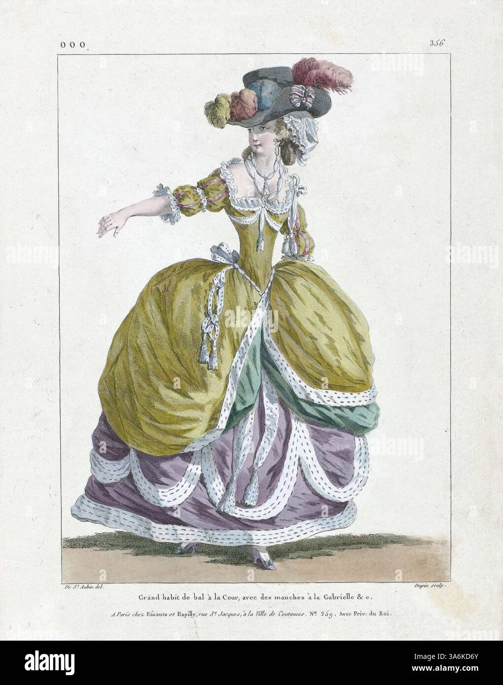 Marie Antoinette la Regina della Moda donna costume di moda dalla Galleria delle mode e costumi Francia 1787, Gran palla del XVIII secolo a la Cour, di Nicolas Dupin stampato da Augustin de saint Aubin pubblicato da Esnauts e Rapilly Paris Foto Stock