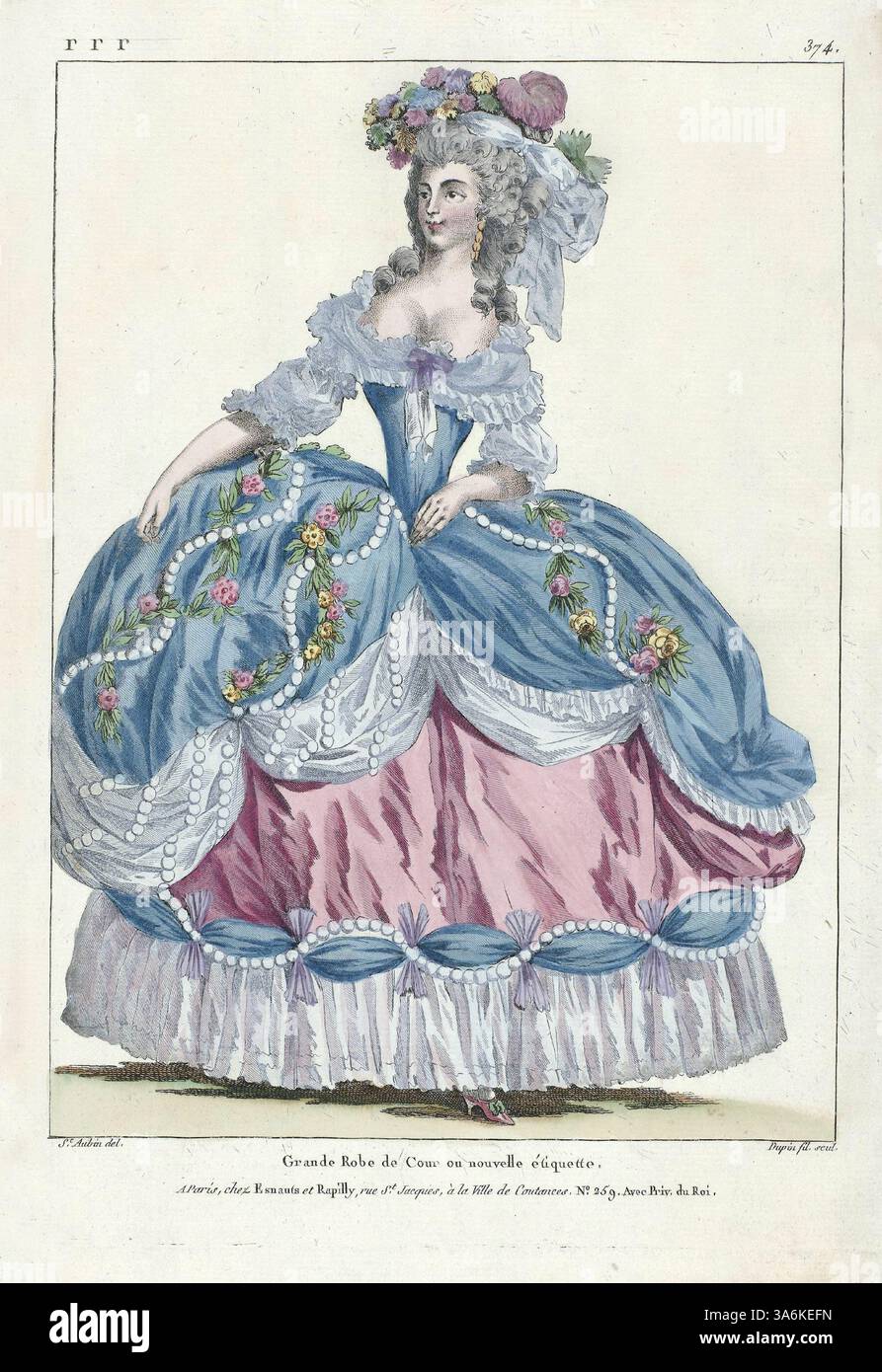 Marie Antoinette la Regina della Moda donna costume di moda dalla Galleria delle mode e costumi Francia 1787, Gran palla del XVIII secolo a la Cour, di Nicolas Dupin stampato da Augustin de saint Aubin pubblicato da Esnauts e Rapilly Paris Foto Stock