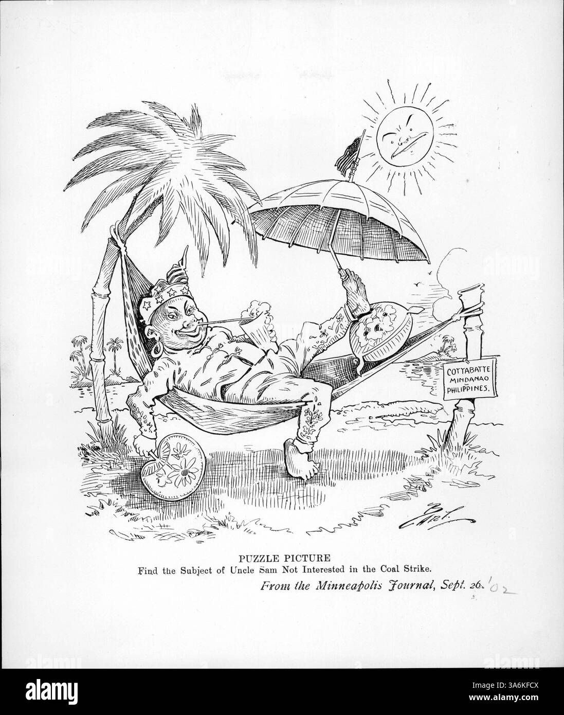 Questa immagine, intitolata "Puzzle Picture", mostra una scena tropicale nelle Filippine dove una didascalia si riferisce all'attacco del carbone negli Stati Uniti. Nonostante le preoccupazioni negli Stati Uniti, la posizione tropicale offre un netto contrasto con la situazione. Foto Stock