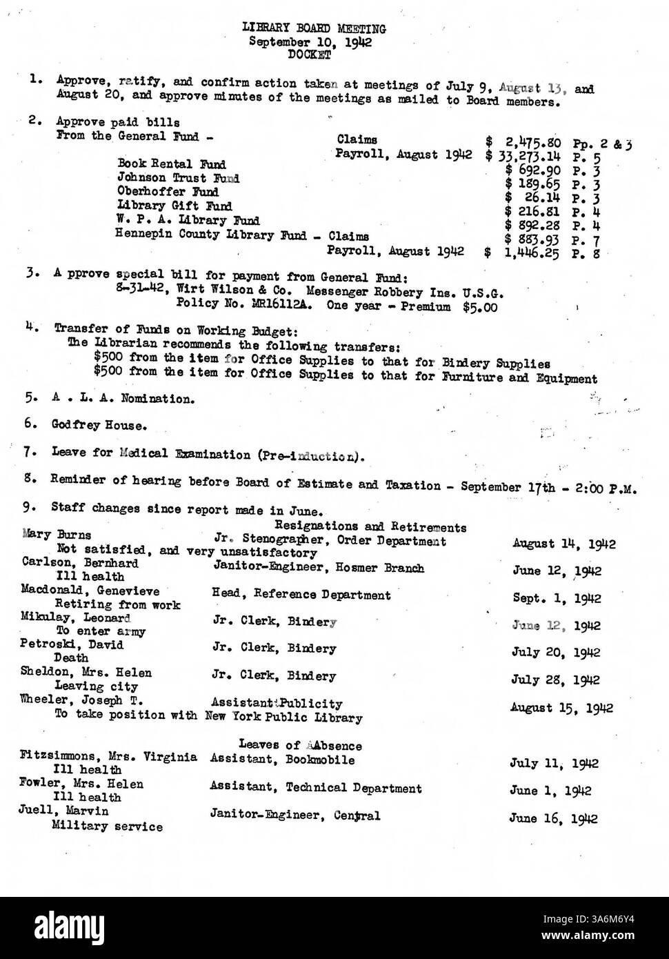 I verbali della riunione del 1942 documentano le decisioni del Consiglio sul budget, i servizi e le strategie della biblioteca per migliorare l'impegno pubblico. Foto Stock