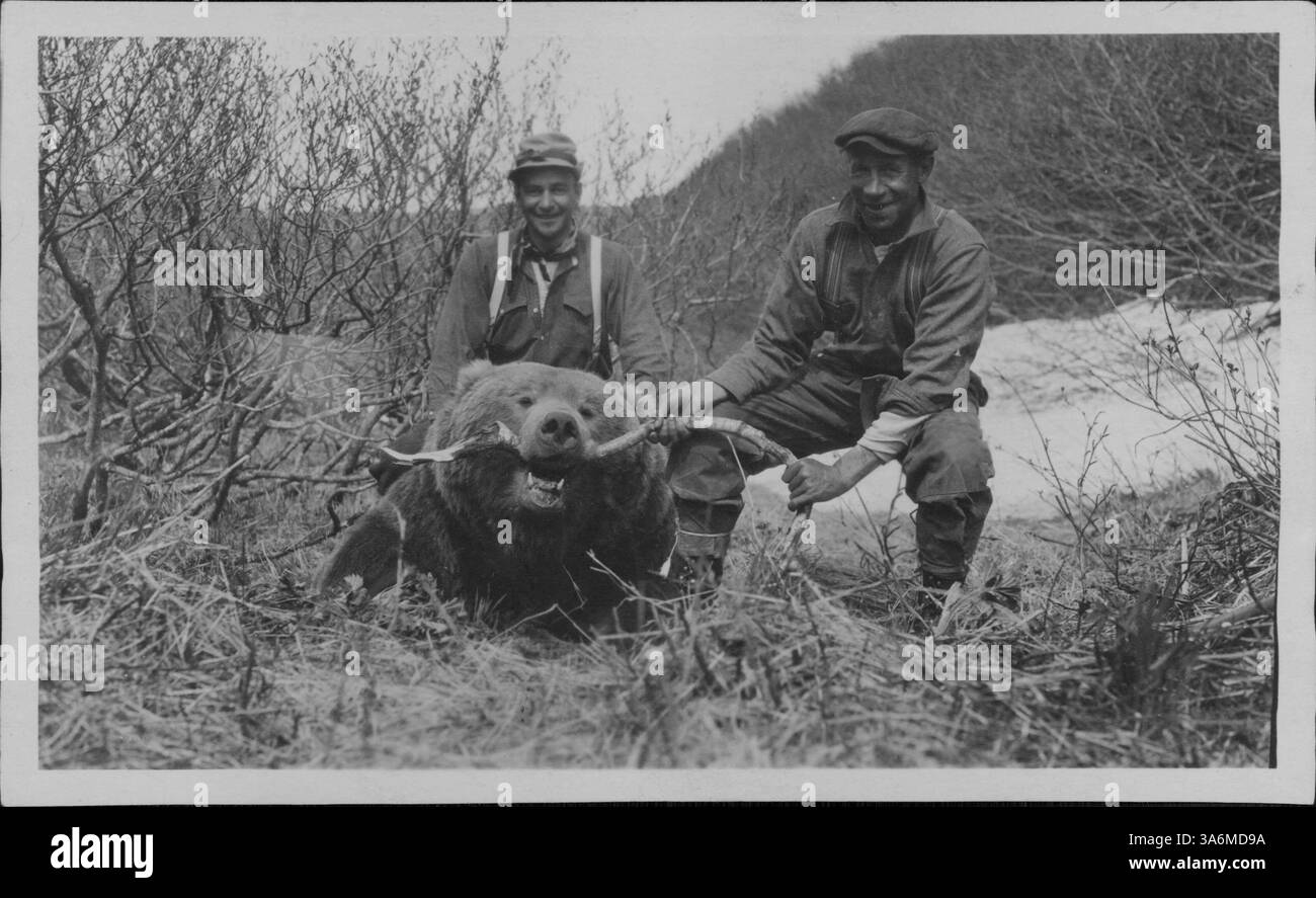 John B. Gilfillan Jr. È raffigurato con un orso Kodiak che ha sparato sulla penisola dell'Alaska, dietro l'isola Unimack. Ha intenzione di donare l'esemplare al museo di biologia animale dell'Università del Minnesota. Foto Stock