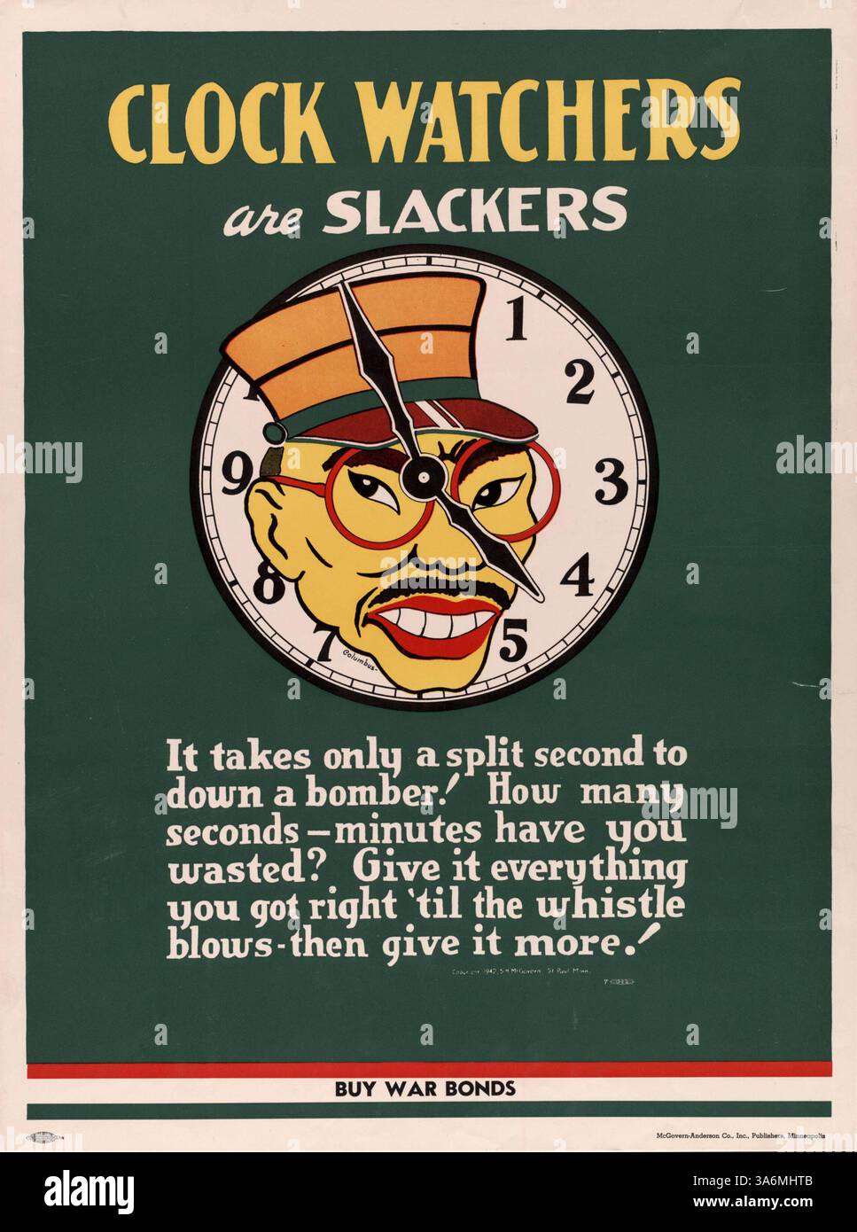 Questa caricatura del primo ministro giapponese Hideki Tojo include un orologio, che sottolinea l'importanza dello sforzo e del tempo. Incoraggia l'acquisto di obbligazioni di guerra, simboleggiando la dedizione allo sforzo bellico durante la seconda guerra mondiale Foto Stock