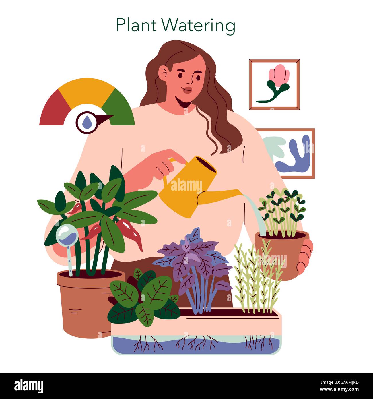 L'illustrazione mostra una persona impegnata nell'irrigazione delle piante, circondata da varie piante in vaso, sottolineando l'importanza di prendersi cura del verde. Evidenzia un indicatore dell'acqua per un'idratazione ottimale. Illustrazione vettoriale. Illustrazione Vettoriale