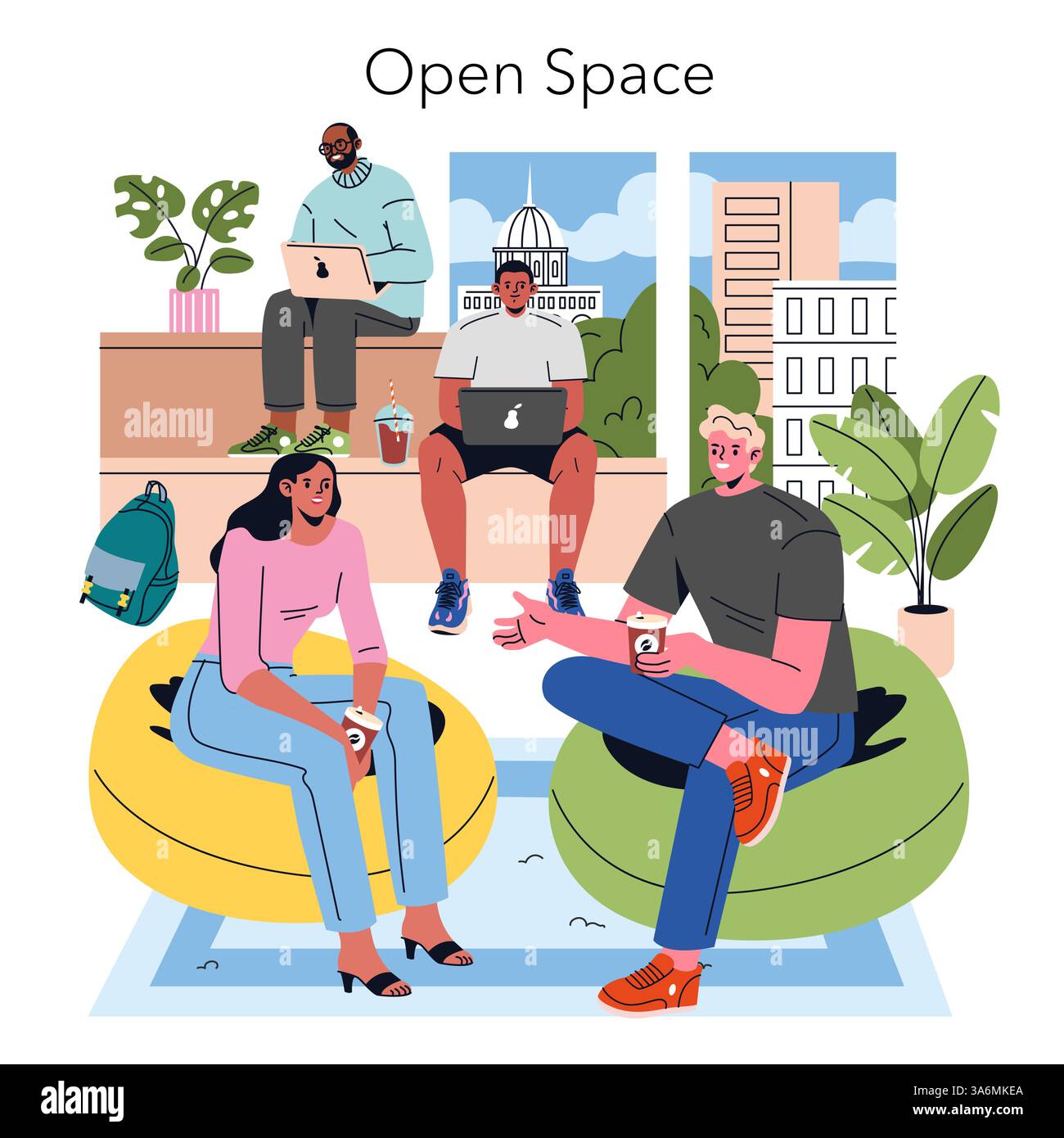 Ambiente d'ufficio moderno che illustra la collaborazione e il relax. Persone impegnate nella conversazione o nell'utilizzo di dispositivi in un comodo spazio aperto. Ispira creatività e un'atmosfera accogliente. Illustrazione vettoriale. Illustrazione Vettoriale