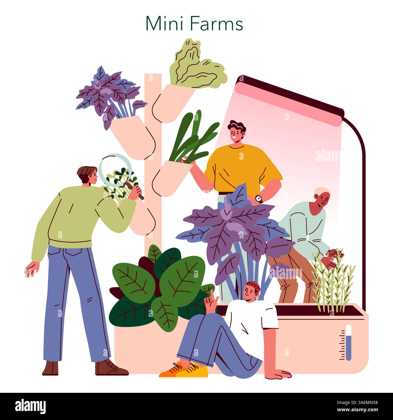 Mini Farms. Concentrarsi sul giardinaggio urbano con metodi di piantagione verticale innovativi. Illustra le persone impegnate nella coltivazione di verdure ed erbe a casa, promuovendo la sostenibilità e l'accesso al cibo fresco. Illustrazione vettoriale. Illustrazione Vettoriale