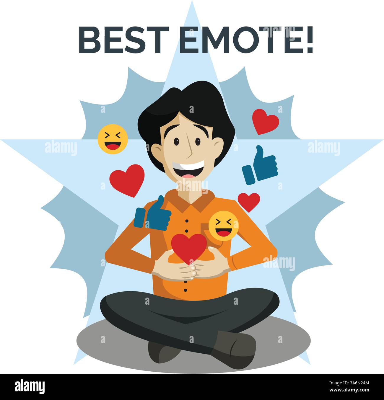 Felice personaggio maschile con reazioni emoji Social media Vector Illustrazione Vettoriale
