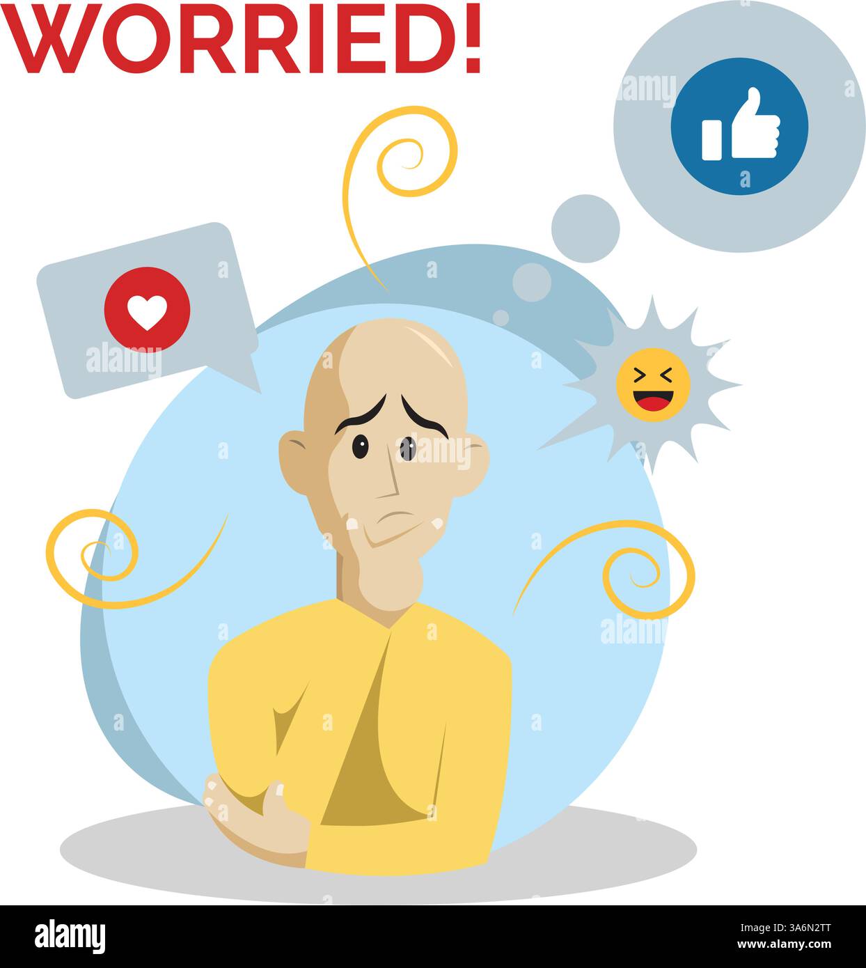 Personaggio maschile preoccupato con le reazioni dei social media Vector Illustrazione Vettoriale