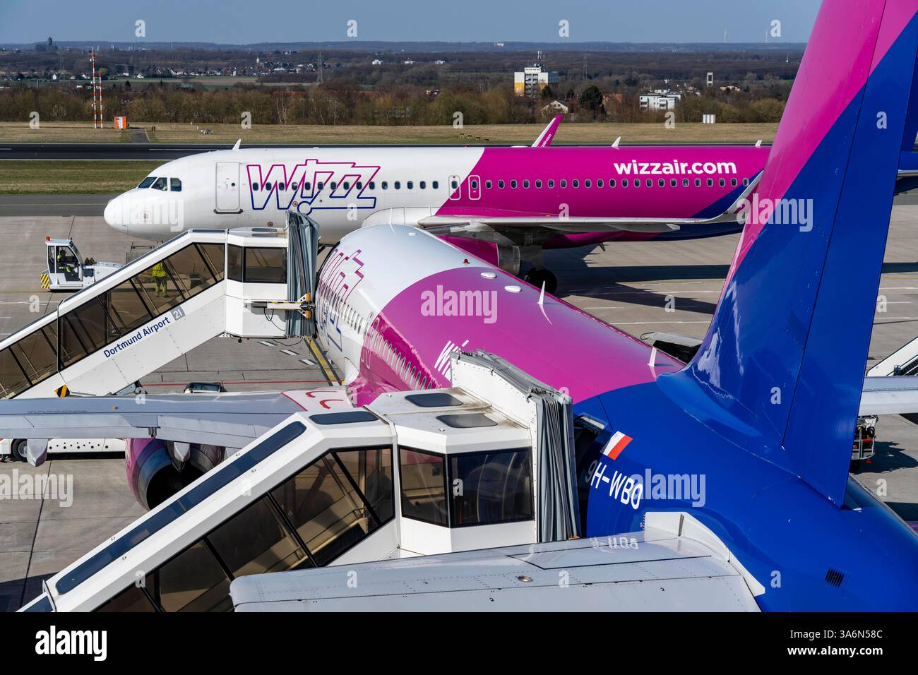 Aeroporto di Dortmund, Wizzair Airbus A320, sul piazzale, aeroporto regionale, numerosi collegamenti con l'Europa orientale, compagnia aerea low-cost ungherese, Foto Stock