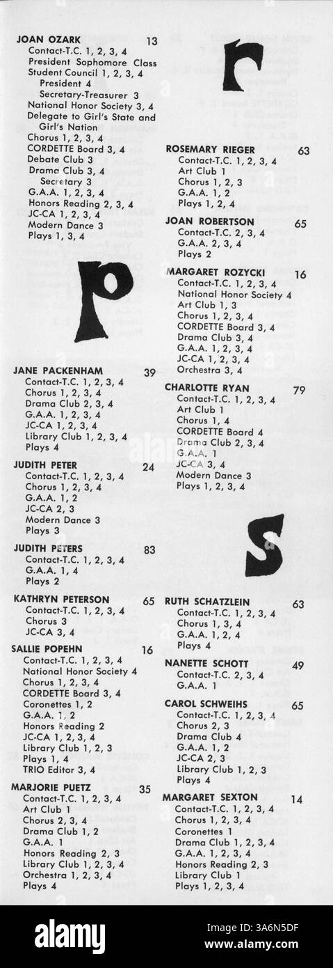Questo annuario dell'anno scolastico 1963-1964 mette in evidenza le diverse attività degli studenti, tra cui accademici, atletica, club extracurricolari e il coinvolgimento della facoltà nel plasmare l'ambiente scolastico. Foto Stock