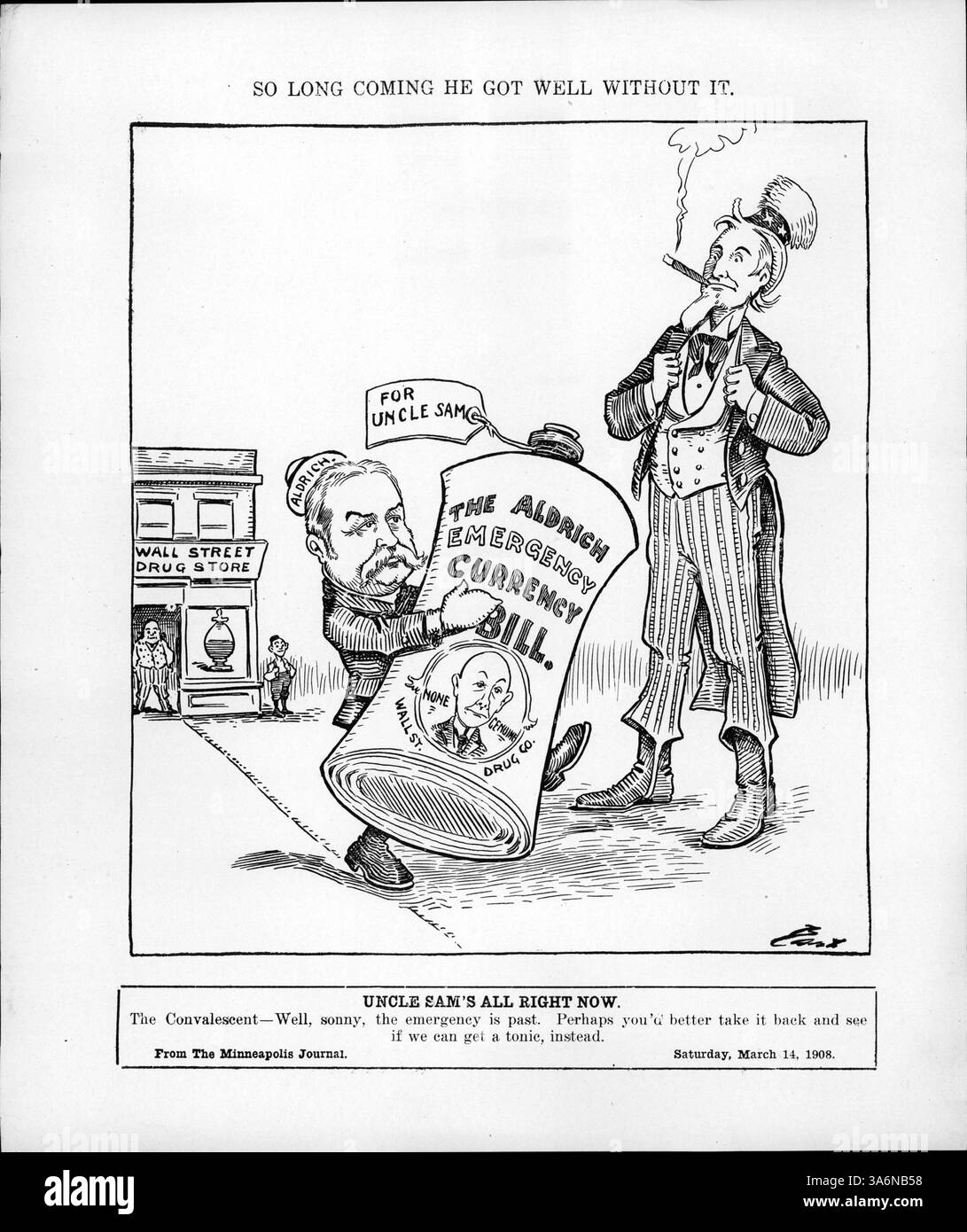 Questo cartone animato politico raffigura il senatore Aldrich che offre il Emergency Currency Bill come rimedio per l'economia degli Stati Uniti, ma il carattere di zio Sam è già 'recuperato', simboleggiando un'economia ripresa senza il disegno di legge proposto. Foto Stock