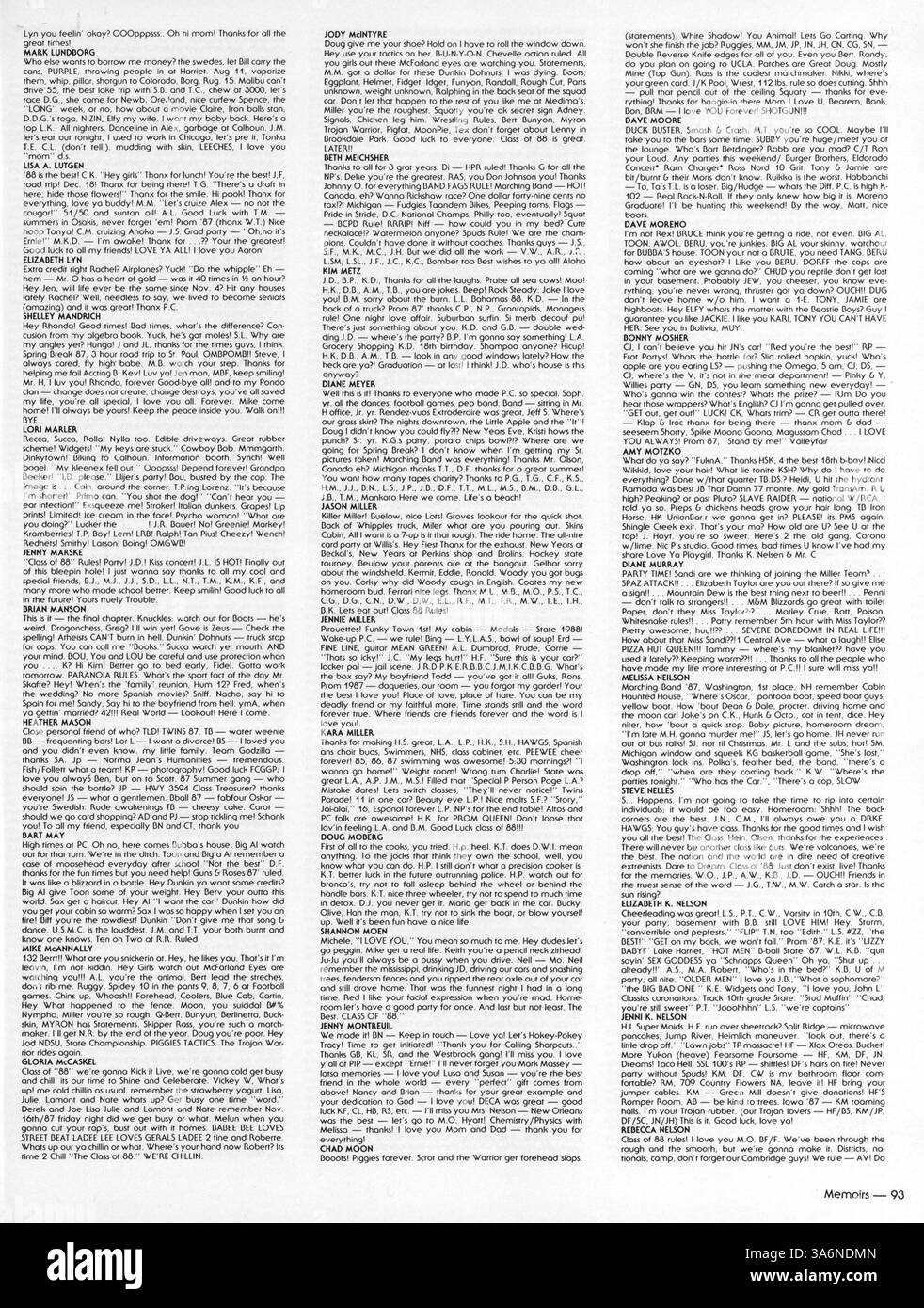 Il 1988 Park Center High Yearbook serve come record dell'anno scolastico 1987-1988, documentando i risultati atletici, le attività degli studenti e i ruoli degli insegnanti e del personale. Foto Stock