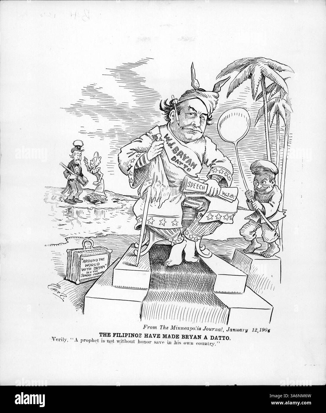 Questa immagine raffigura William Jennings Bryan, durante il suo tour mondiale, che riceve il titolo di atto (un titolo nobiliare filippino) nelle Filippine, simboleggiando la sua popolarità all'estero nonostante la sua sconfitta elettorale negli Stati Uniti Foto Stock