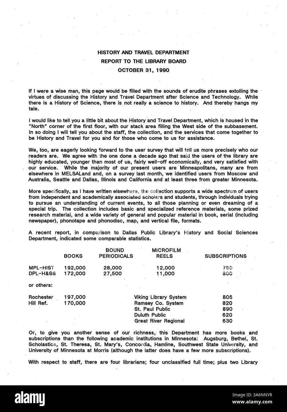 I 1990 minuti del Consiglio di amministrazione della biblioteca pubblica di Minneapolis, che delinea le decisioni chiave sui servizi bibliotecari e il contributo della biblioteca della contea di Hennepin all'educazione della comunità. Foto Stock