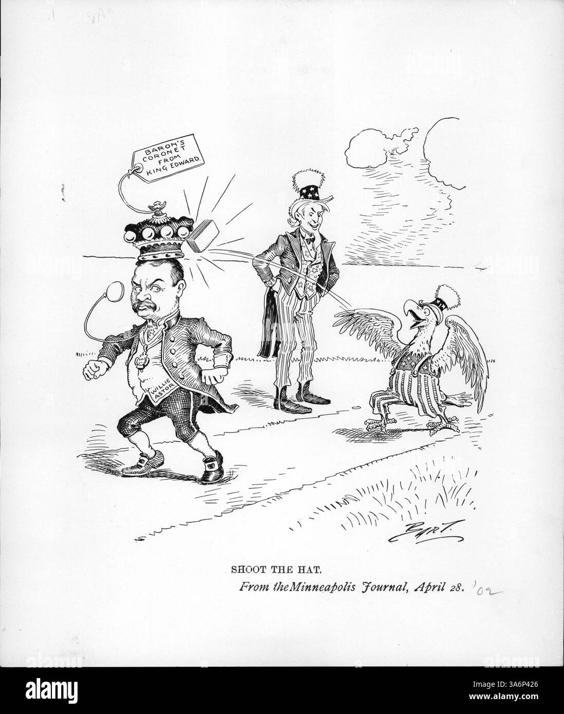 Questo cartone animato politico raffigura l'aquila americana che lancia un mattone alla corona di un aristocratico, William Waldorf Astor. Mette in evidenza l'opposizione americana ai cittadini statunitensi che prendono titoli aristocratici, un argomento controverso all'epoca. Foto Stock