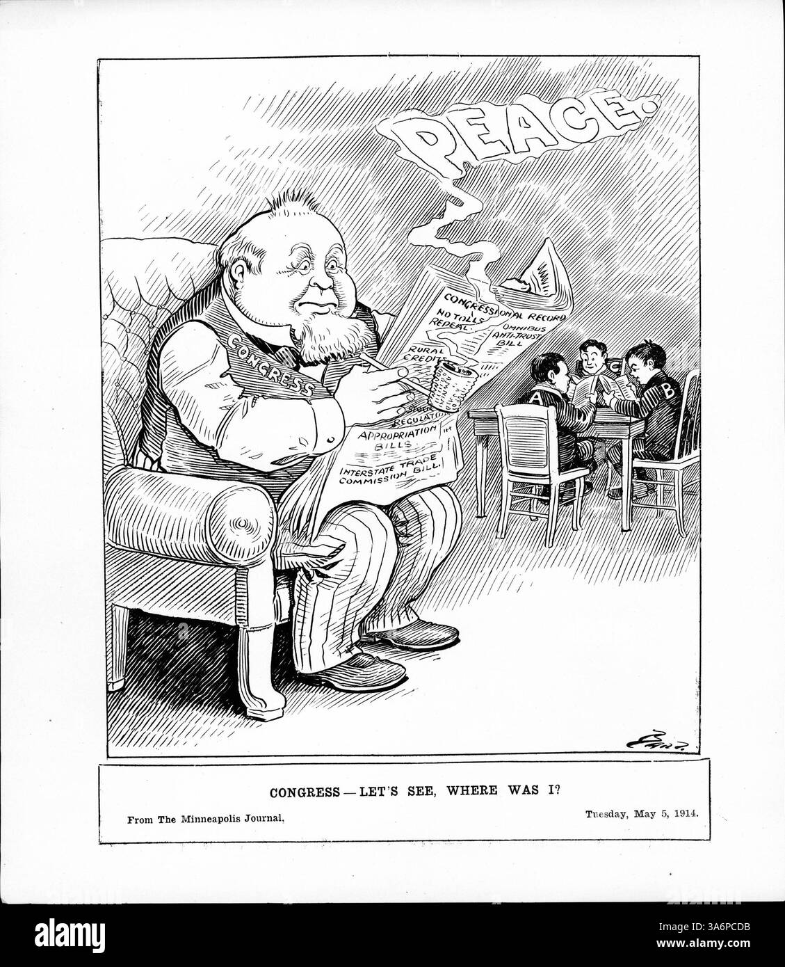 Questa illustrazione mostra il Congresso seduto su una sedia che legge il verbale del Congresso e fuma una pipa che emette pace. Lo sfondo presenta tre bambini etichettati A, B e C che leggono libri. Il giornale menziona diversi argomenti legislativi chiave, tra cui le leggi anti-trust e le commissioni commerciali, mentre le potenze ABC (Argentina, Brasile, Cile) stanno lavorando per mediare il conflitto in Messico, distogliendo l'attenzione del Congresso dalle questioni interne. Foto Stock