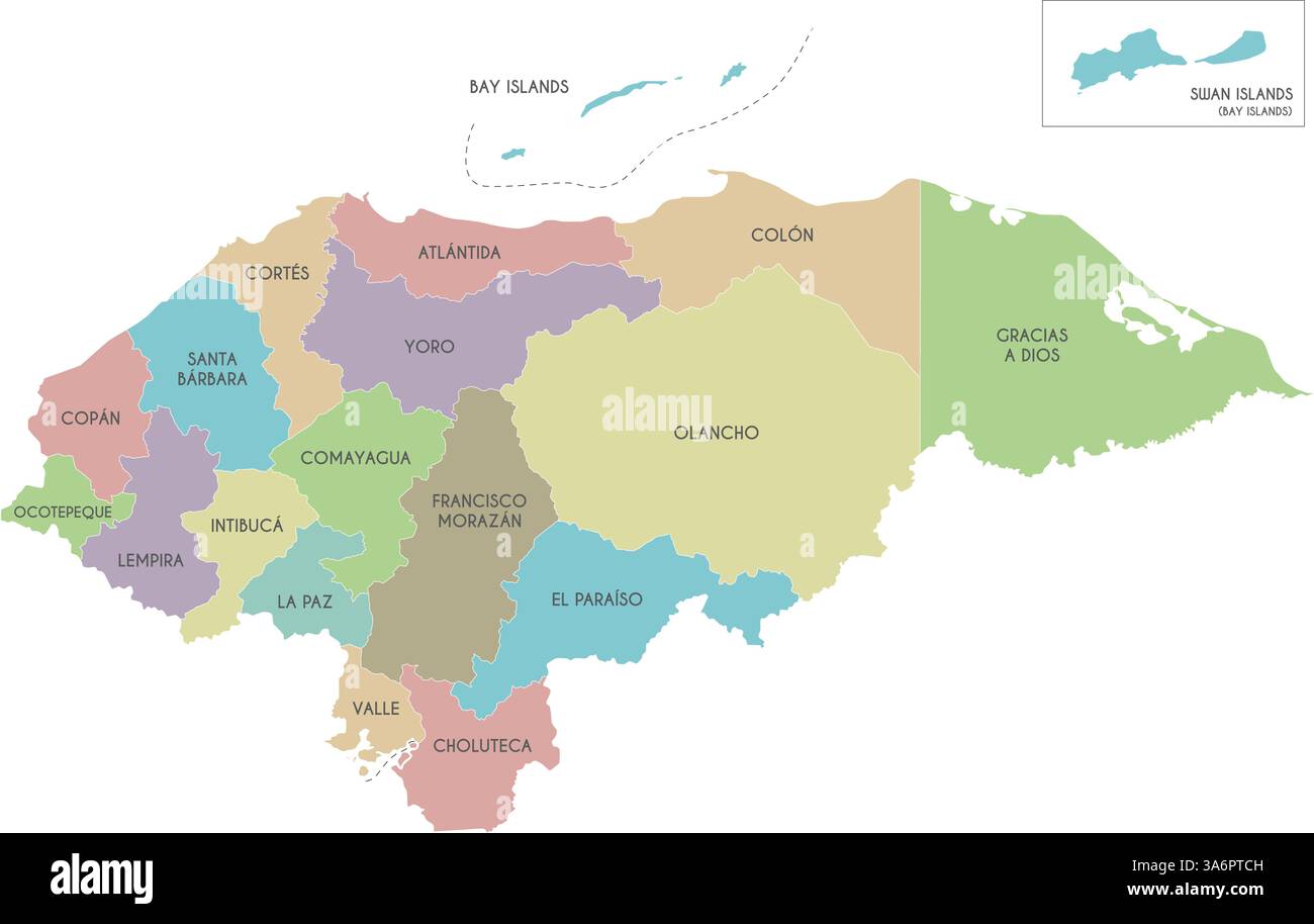 Mappa regionale vettoriale dell'Honduras con dipartimenti o territori e divisioni amministrative. Livelli modificabili ed etichettati in modo chiaro. Illustrazione Vettoriale
