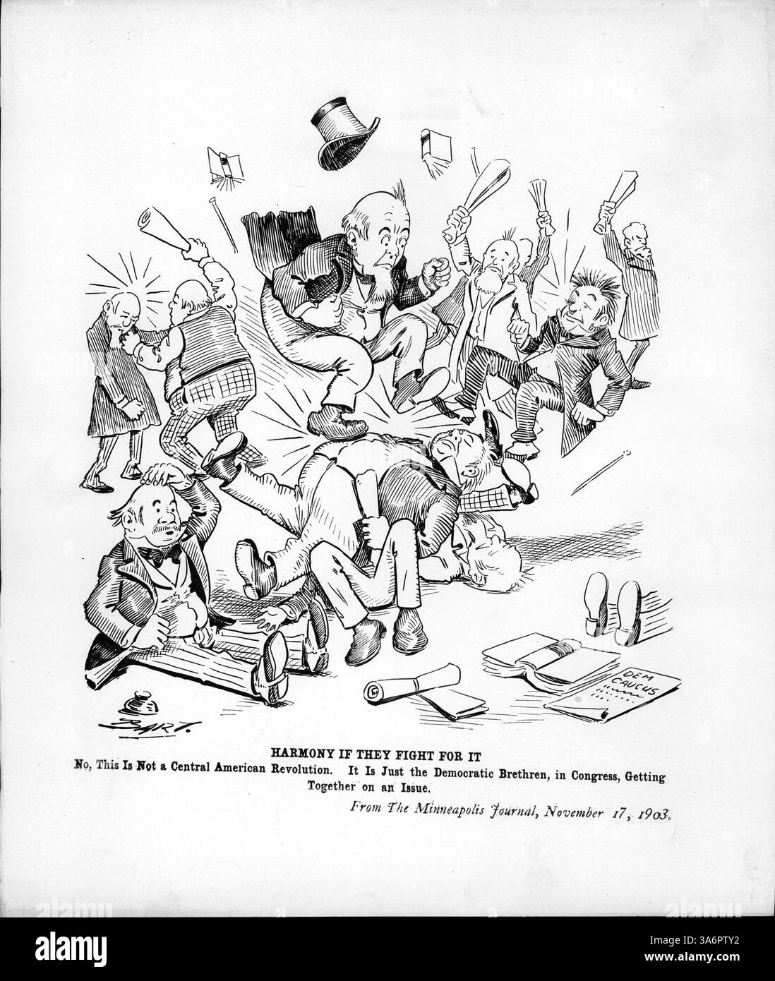L'immagine intitolata "Harmony if they fight for it" cattura i membri del Congresso Democratico impegnati nel dibattito sulla questione del Canale di Panama al Congresso. La didascalia nota umoristicamente le discussioni politiche tese all'epoca all'interno del Partito Democratico. Foto Stock