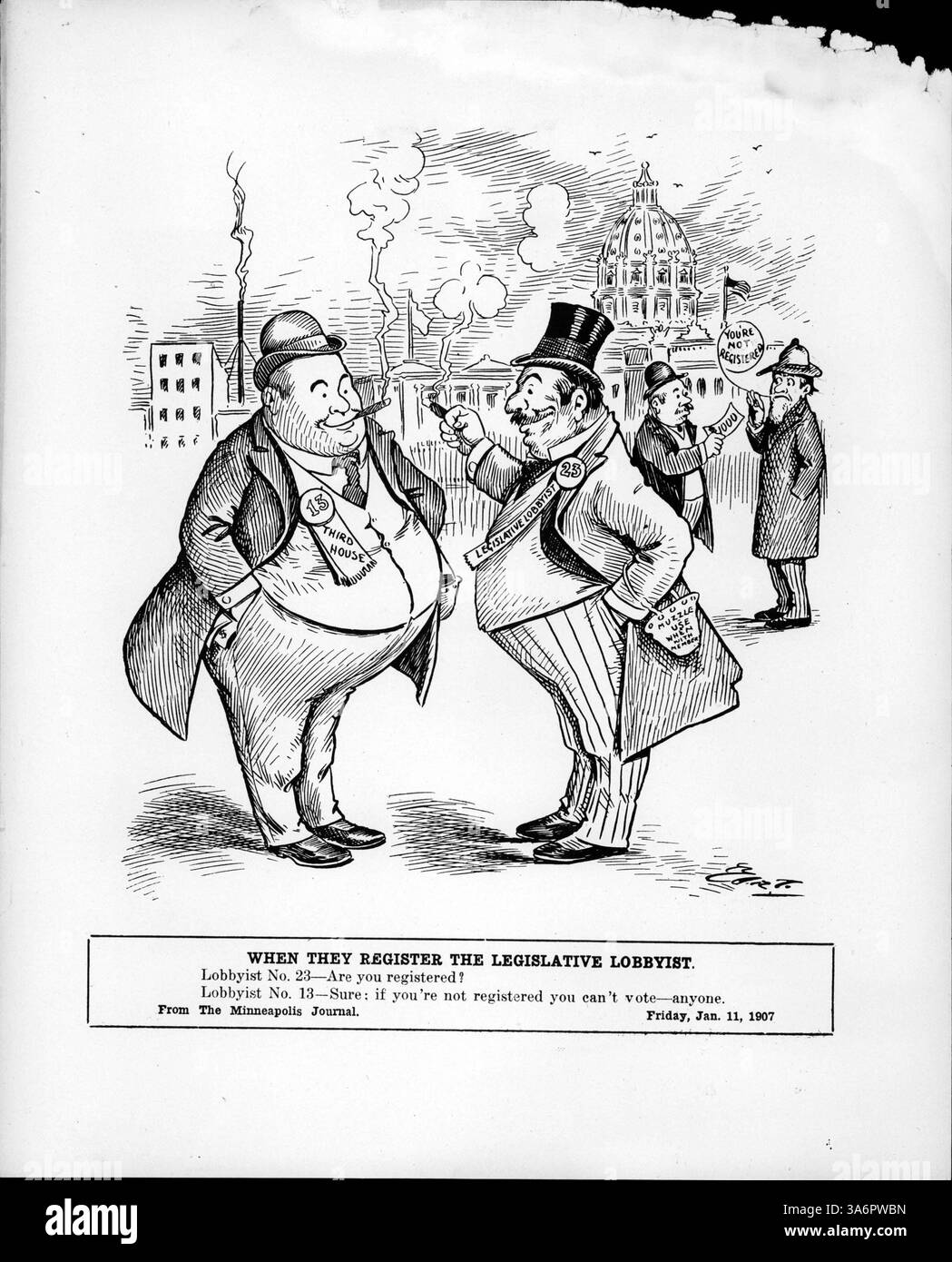 Questa illustrazione raffigura due lobbisti che chiacchierano, con una scena di sfondo che mostra un uomo che offre $ 1000 che viene rifiutato perché il destinatario non è registrato, facendo riferimento alla legislazione che richiede la registrazione del lobbista. Foto Stock