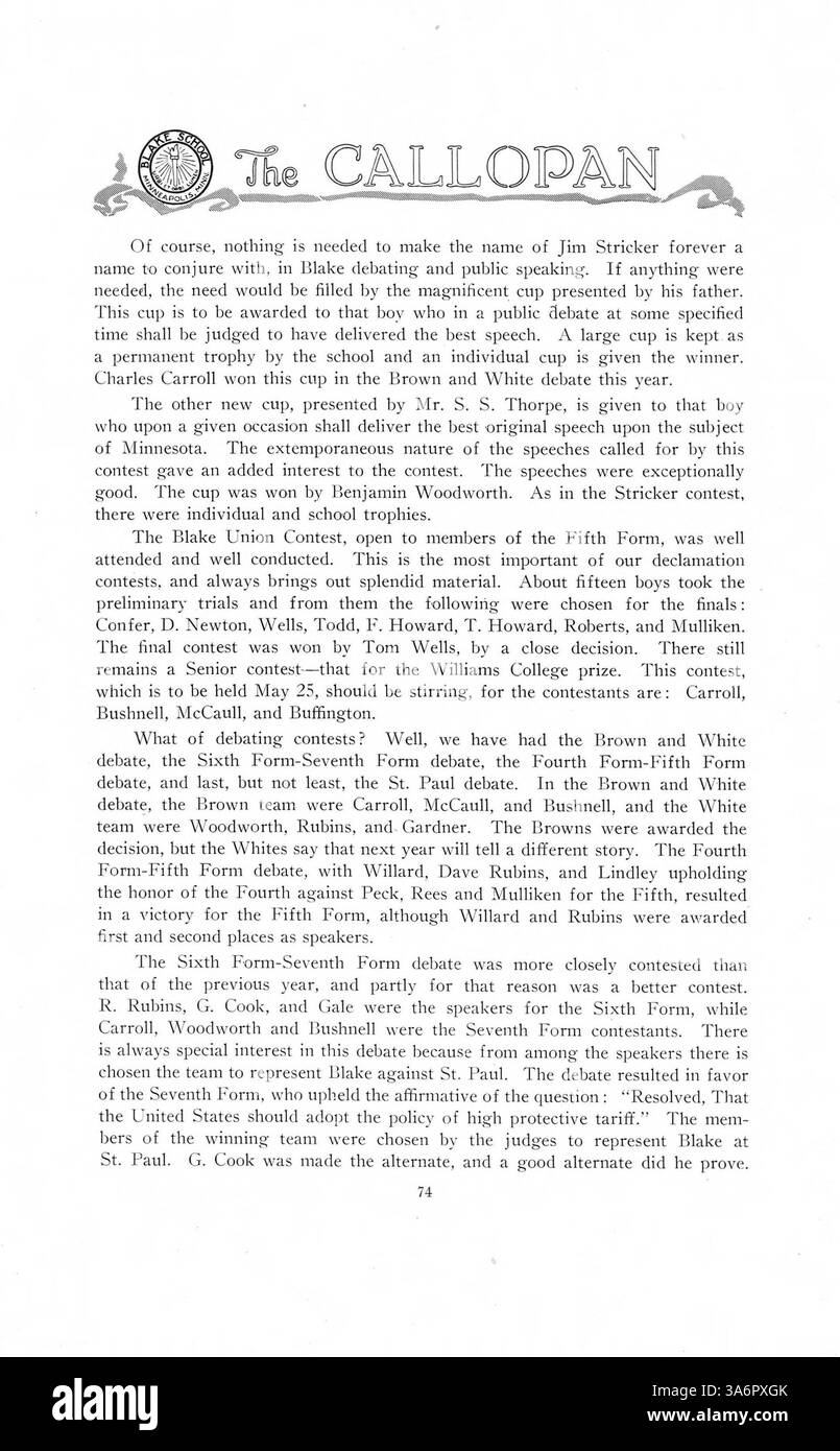 L'annuario della Blake School del 1917, "The Callopan", documenta studenti, insegnanti, club, atletica leggera ed eventi chiave dell'anno scolastico 1916-1917. Foto Stock