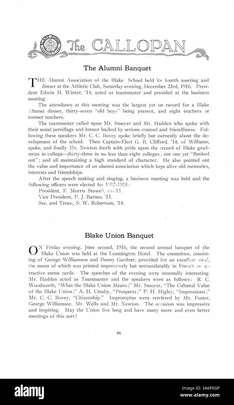 L'annuario di Blake del 1917, "The Callopan", documenta la vita di studenti e docenti, i club, l'atletica leggera e i principali eventi dell'anno accademico 1916-1917. Foto Stock