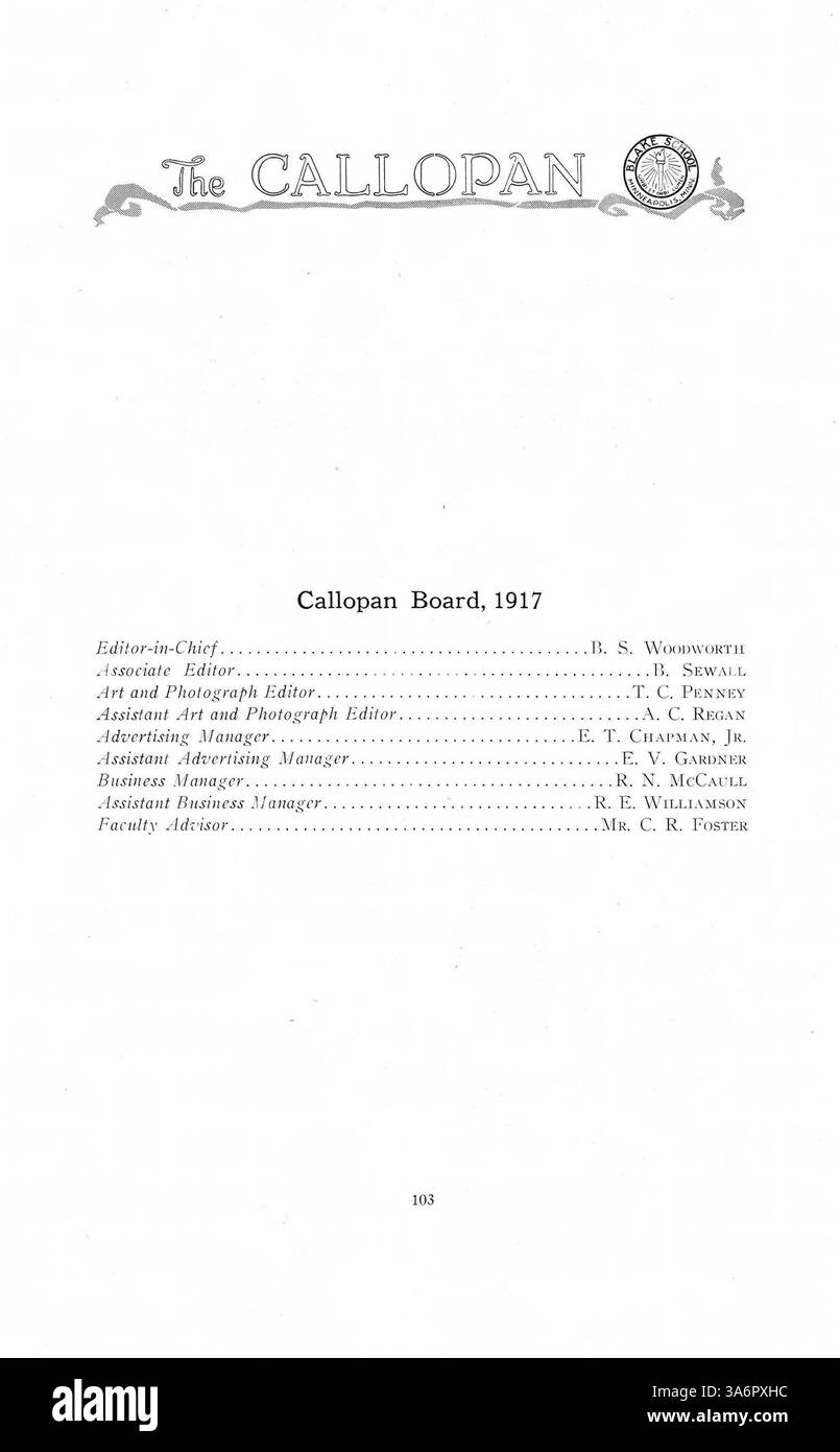 L'annuario "The Callopan" del 1917 documenta i momenti chiave, gli eventi e le esperienze degli studenti alla Blake School durante l'anno scolastico 1916-1917. Foto Stock
