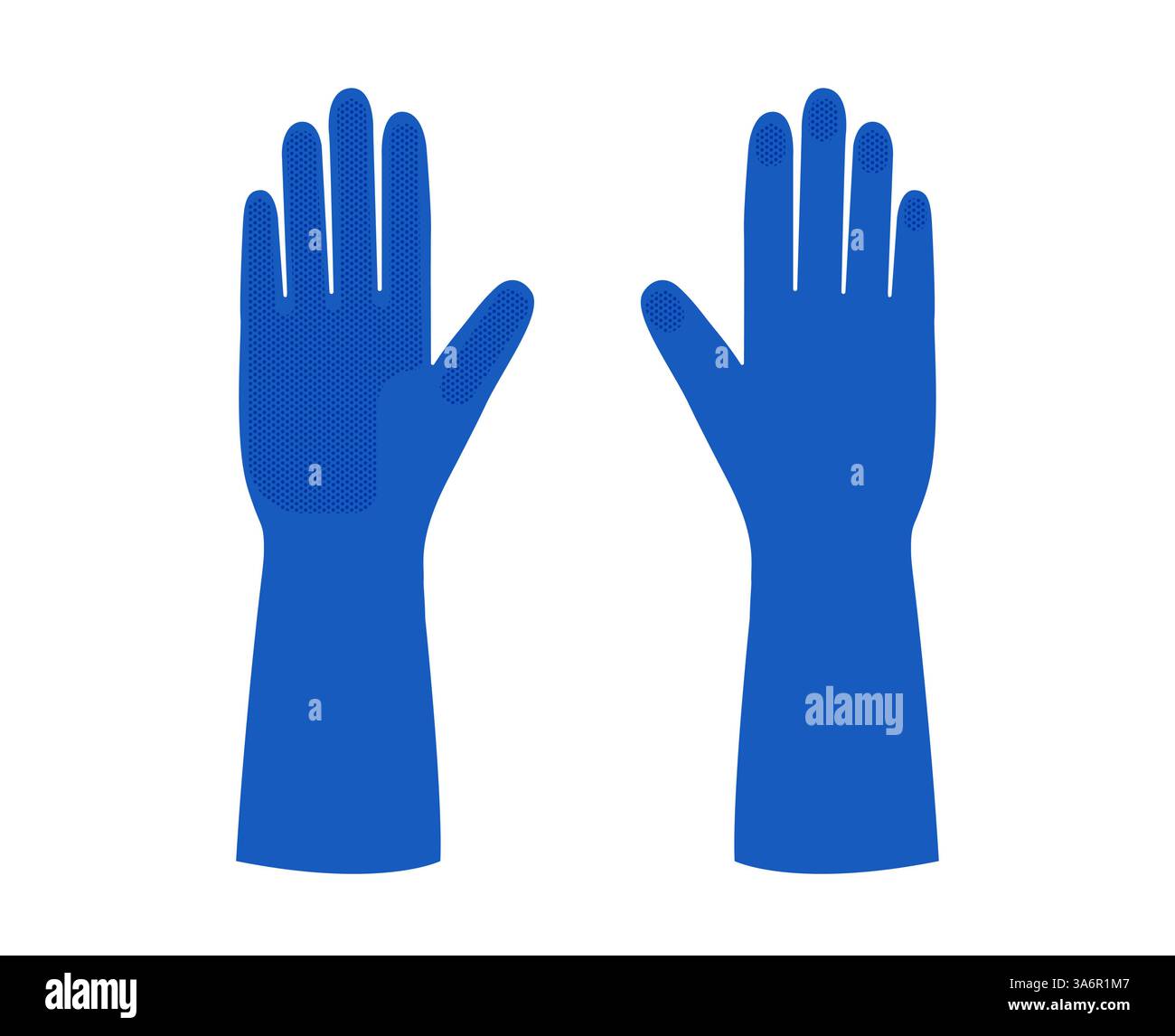 Guanti protettivi per pulizia in gomma blu Fashion Hand Accessory Clothing illustrazione tecnica. Lavastoviglie Vector vista anteriore posteriore per uomo, donna, modello a cartoni animati unisex piatto isolato su sfondo bianco Illustrazione Vettoriale