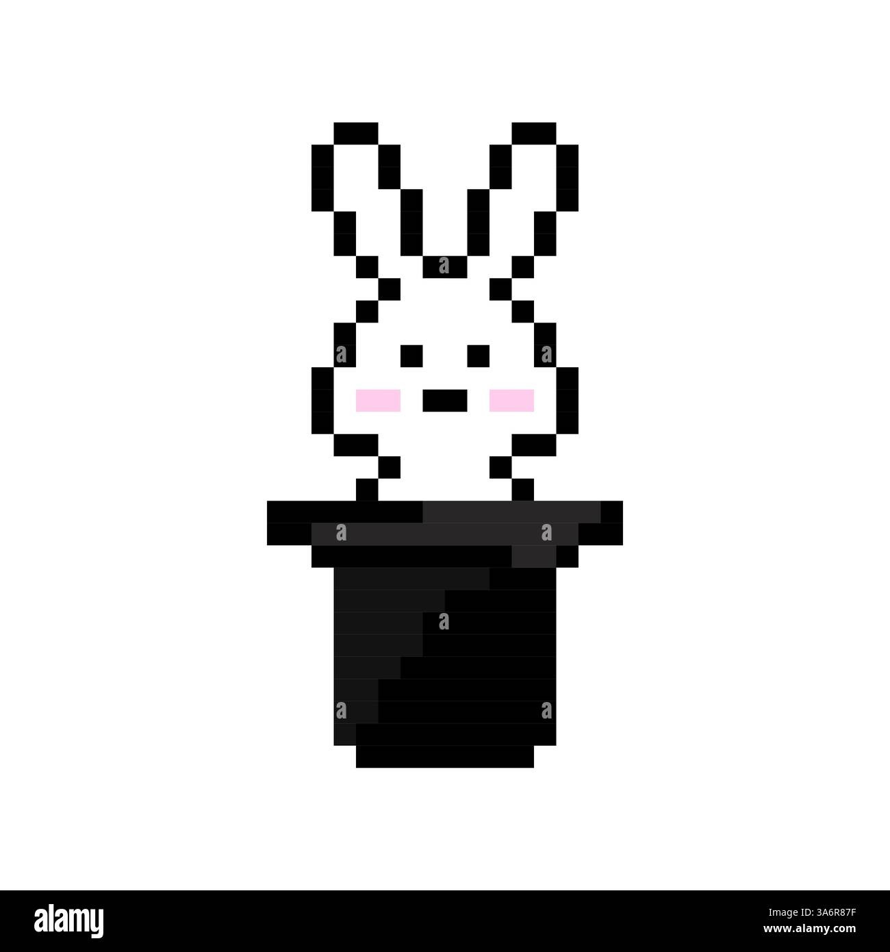 Coniglio magico pixel. Cappello da mago nero. Design pixelato retrò. Belle arti digitali. Illustrazione Vettoriale